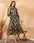 Tiered Rayon Flared Dress with Sequin Embroidered Yoke & Mandarin Collar