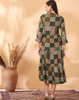 Tiered Rayon Flared Dress with Sequin Embroidered Yoke & Mandarin Collar