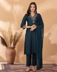 Poly Viscose Kurta Set with Zari Embroidery & Glass Neckline