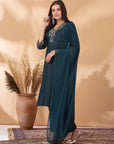 Poly Viscose Kurta Set with Zari Embroidery & Glass Neckline