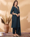 Poly Viscose Kurta Set with Zari Embroidery & Glass Neckline