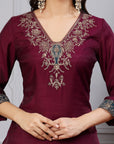 Poly Viscose Kurta Set with Zari Embroidery & Glass Neckline