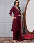 Poly Viscose Kurta Set with Zari Embroidery & Glass Neckline