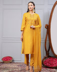 Embroidered Nylon-Viscose Kurta Set with Lace-Trimmed Chiffon Dupatta