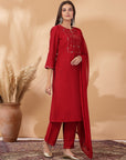 Embroidered Nylon-Viscose Kurta Set with Lace-Trimmed Chiffon Dupatta