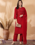 Embroidered Nylon-Viscose Kurta Set with Lace-Trimmed Chiffon Dupatta
