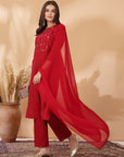 Embroidered Nylon-Viscose Kurta Set with Lace-Trimmed Chiffon Dupatta