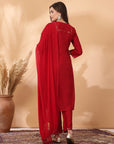 Embroidered Nylon-Viscose Kurta Set with Lace-Trimmed Chiffon Dupatta