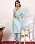 Zari Embroidered Poly Viscose Kurta Set with Lace-Edged Chiffon Dupatta