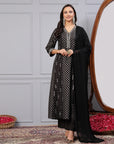 Foil Printed Chinon Flared Kurta Set with Zari Embroidery and Lace-Trimmed Dupatta