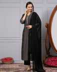 Foil Printed Chinon Flared Kurta Set with Zari Embroidery and Lace-Trimmed Dupatta