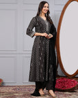 Foil Printed Chinon Flared Kurta Set with Zari Embroidery and Lace-Trimmed Dupatta