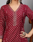 Foil Printed Chinon Flared Kurta Set with Zari Embroidery and Lace-Trimmed Dupatta