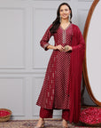 Foil Printed Chinon Flared Kurta Set with Zari Embroidery and Lace-Trimmed Dupatta