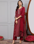 Foil Printed Chinon Flared Kurta Set with Zari Embroidery and Lace-Trimmed Dupatta