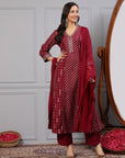 Foil Printed Chinon Flared Kurta Set with Zari Embroidery and Lace-Trimmed Dupatta