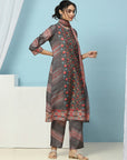 Floral Printed Silk Kurta Set with Sewroskie Work & Printed Dupatta