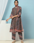 Floral Printed Silk Kurta Set with Sewroskie Work & Printed Dupatta