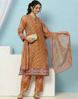 Floral Printed Silk Kurta Set with Sewroskie Work & Printed Dupatta