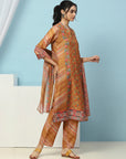 Floral Printed Silk Kurta Set with Sewroskie Work & Printed Dupatta