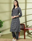 Abstract Printed A-Line Rayon Kurta Set with Sewroskie Work
