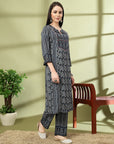 Abstract Printed A-Line Rayon Kurta Set with Sewroskie Work