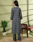 Abstract Printed A-Line Rayon Kurta Set with Sewroskie Work
