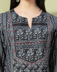 Abstract Printed A-Line Rayon Kurta Set with Sewroskie Work