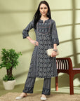 Abstract Printed A-Line Rayon Kurta Set with Sewroskie Work