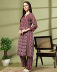 Abstract Printed A-Line Rayon Kurta Set with Sewroskie Work