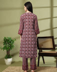 Abstract Printed A-Line Rayon Kurta Set with Sewroskie Work