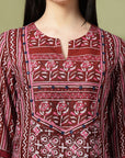Abstract Printed A-Line Rayon Kurta Set with Sewroskie Work