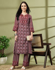 Abstract Printed A-Line Rayon Kurta Set with Sewroskie Work