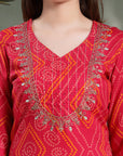 Bandhani Printed Rayon Kurta Set with Zari Embroidery & Chiffon Dupatta