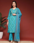 Bandhani Printed Rayon Kurta Set with Zari Embroidery & Chiffon Dupatta