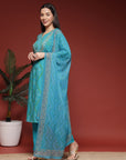 Bandhani Printed Rayon Kurta Set with Zari Embroidery & Chiffon Dupatta
