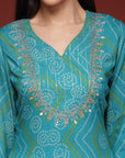 Bandhani Printed Rayon Kurta Set with Zari Embroidery & Chiffon Dupatta
