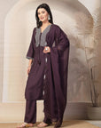 Zari Embroidered Viscose Kurta Set with Organza Dupatta & Flared Silhouette