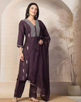 Zari Embroidered Viscose Kurta Set with Organza Dupatta & Flared Silhouette