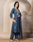 Zari Embroidered Viscose Kurta Set with Organza Dupatta & Flared Silhouette