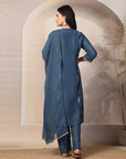 Zari Embroidered Viscose Kurta Set with Organza Dupatta & Flared Silhouette