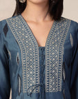Zari Embroidered Viscose Kurta Set with Organza Dupatta & Flared Silhouette