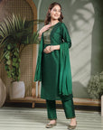 Art Silk Festive Kurta Set with Brocade Detailing, Palazzo & Lace-Edged Dupatta