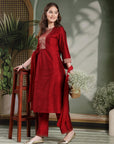 Solid A-line Silk Kurta Set with Dupatta for Women