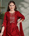 Solid A-line Silk Kurta Set with Dupatta for Women