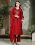 Solid A-line Silk Kurta Set with Dupatta for Women