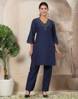 Solid A-Line Cotton Linen Co-ord Set with Embroidery