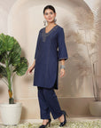 Solid A-Line Cotton Linen Co-ord Set with Embroidery