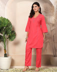Solid A-Line Cotton Linen Co-ord Set with Embroidery