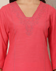 Solid A-Line Cotton Linen Co-ord Set with Embroidery
